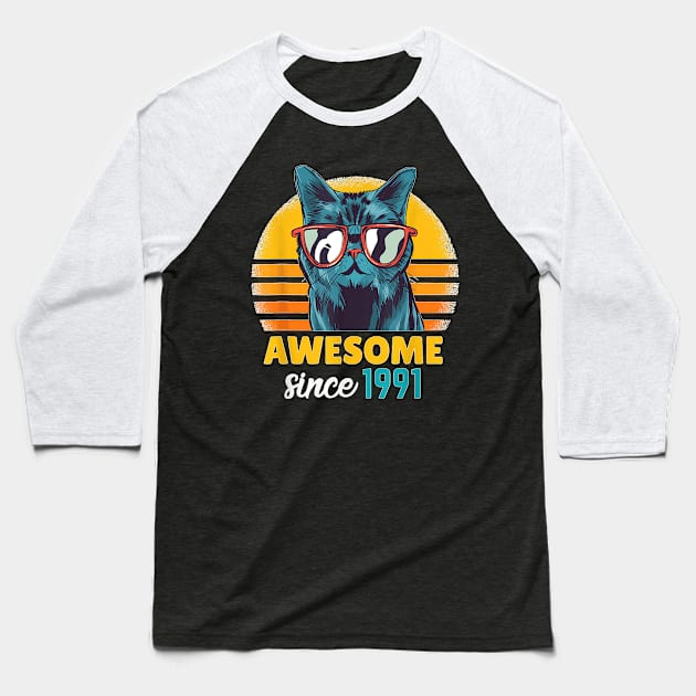 Awesome Since 1991   Funny Cat Lover 32Th Birthday Gift Baseball T-Shirt by Mum and dogs